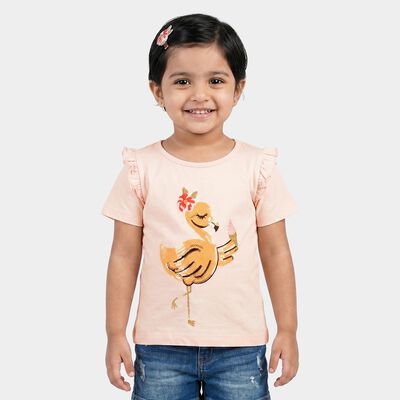 Girls Light Pink Cotton Round Neck Regular T-Shirt