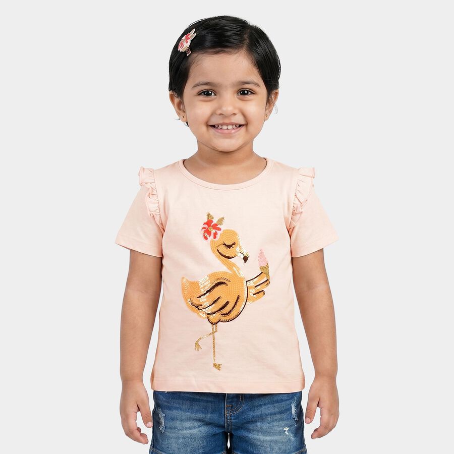 Girls Light Pink Cotton Round Neck Regular T-Shirt, Light Pink, large