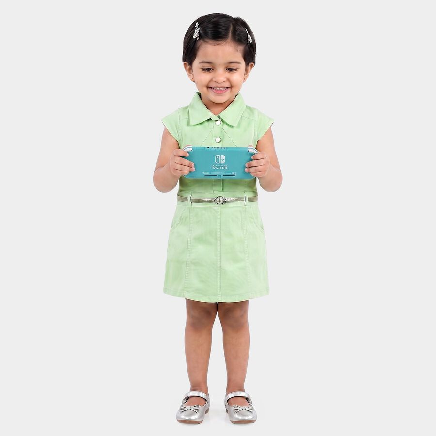 Girls' Mint Green Shirt Style Belted Frock, हल्का हरा, large
