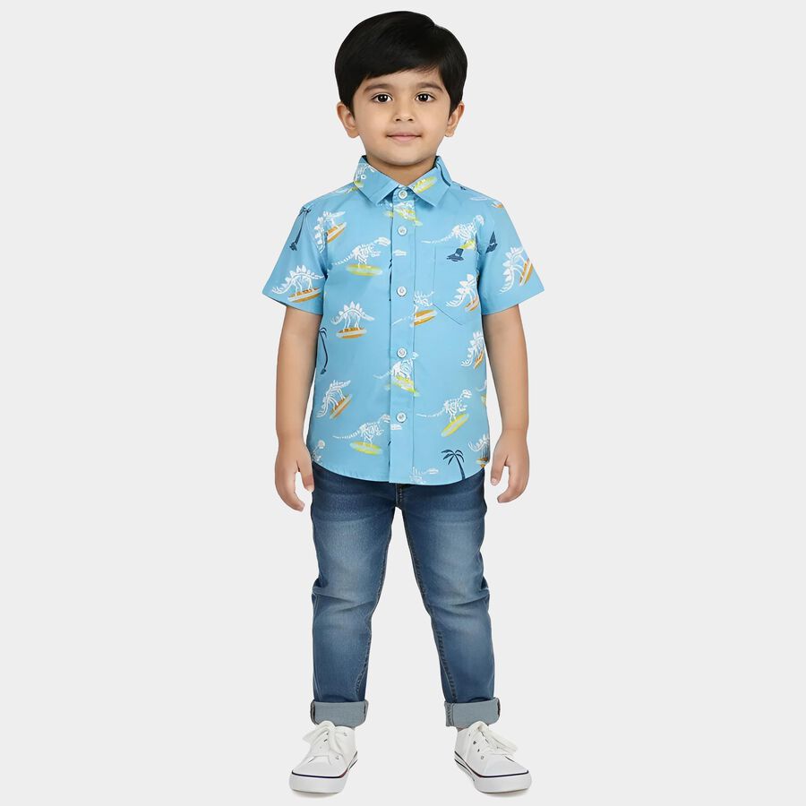 Boys Mid Blue Cotton Collar Casual Shirt, Mid Blue, large