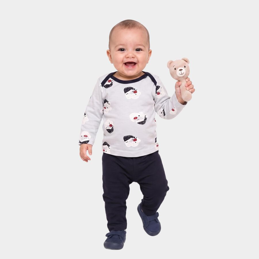 Infants' Navy Blue 100% Cotton Round Neck Printed Baba Suit, नेवी ब्लू, large