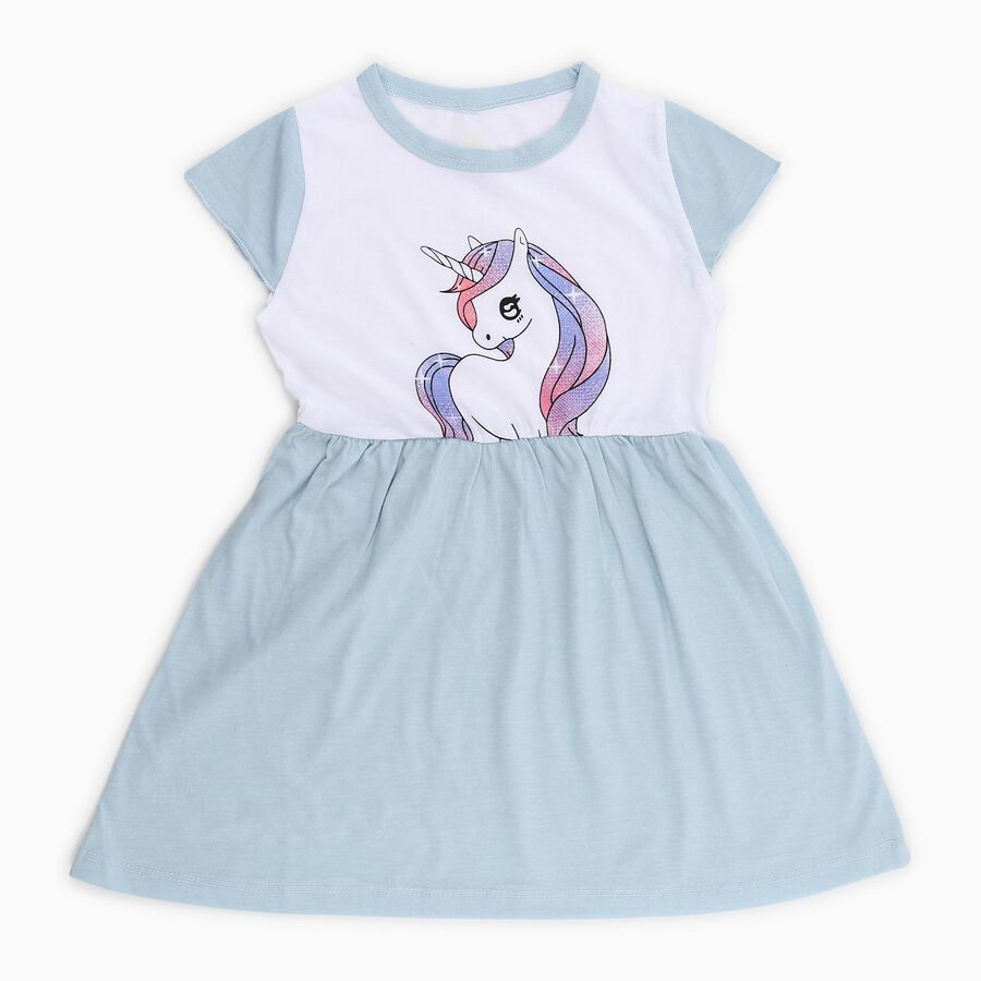 Girls' Pastel Blue and White Unicorn Printed Casual Frock, Light Blue, large image number null