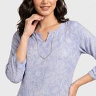 Women's Light Blue Notch Neck Floral Straight Kurti, Light Blue, small