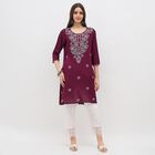 Women's Deep Maroon Round Neck Embroidered Kurta, वाइन, small image number null