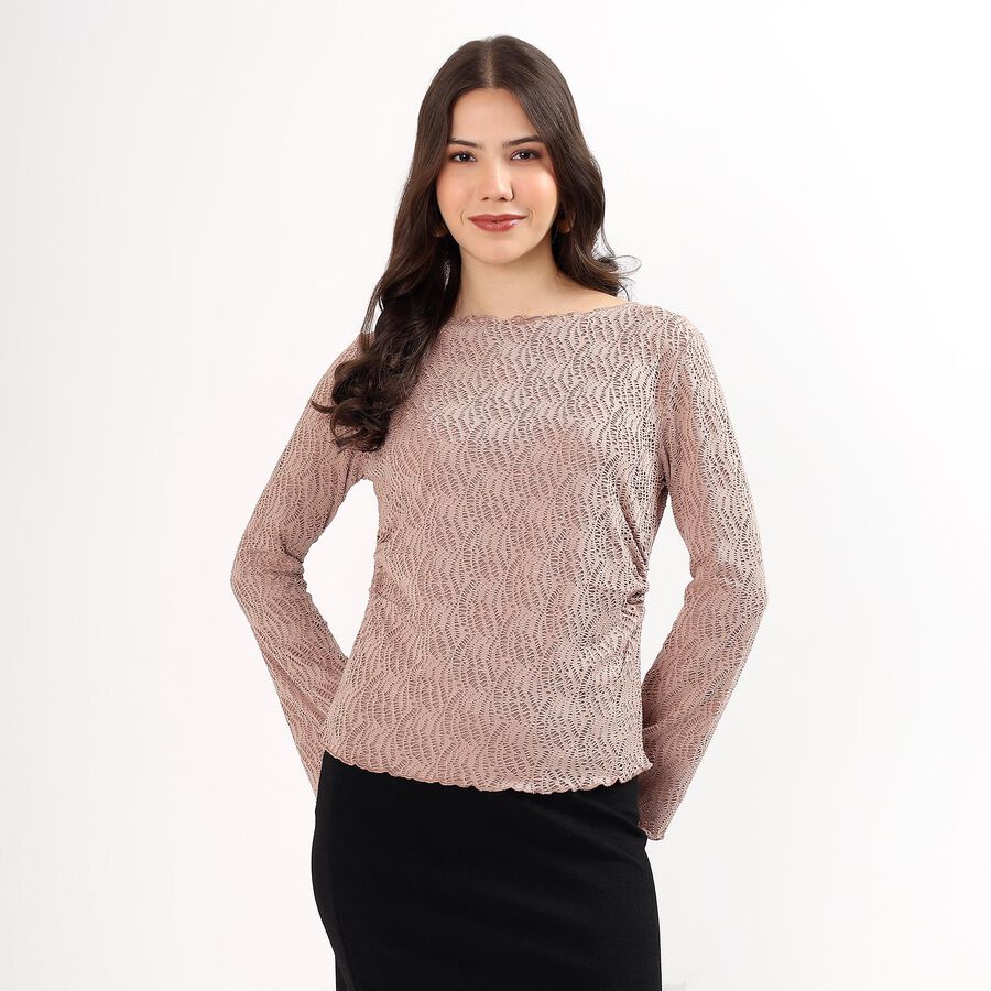 Women's Muted Beige Boat Neck Romantic Top, Beige, large