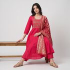 Women's Pink Embroidered Ethnic Set, रानी (फ्यूशिया), small
