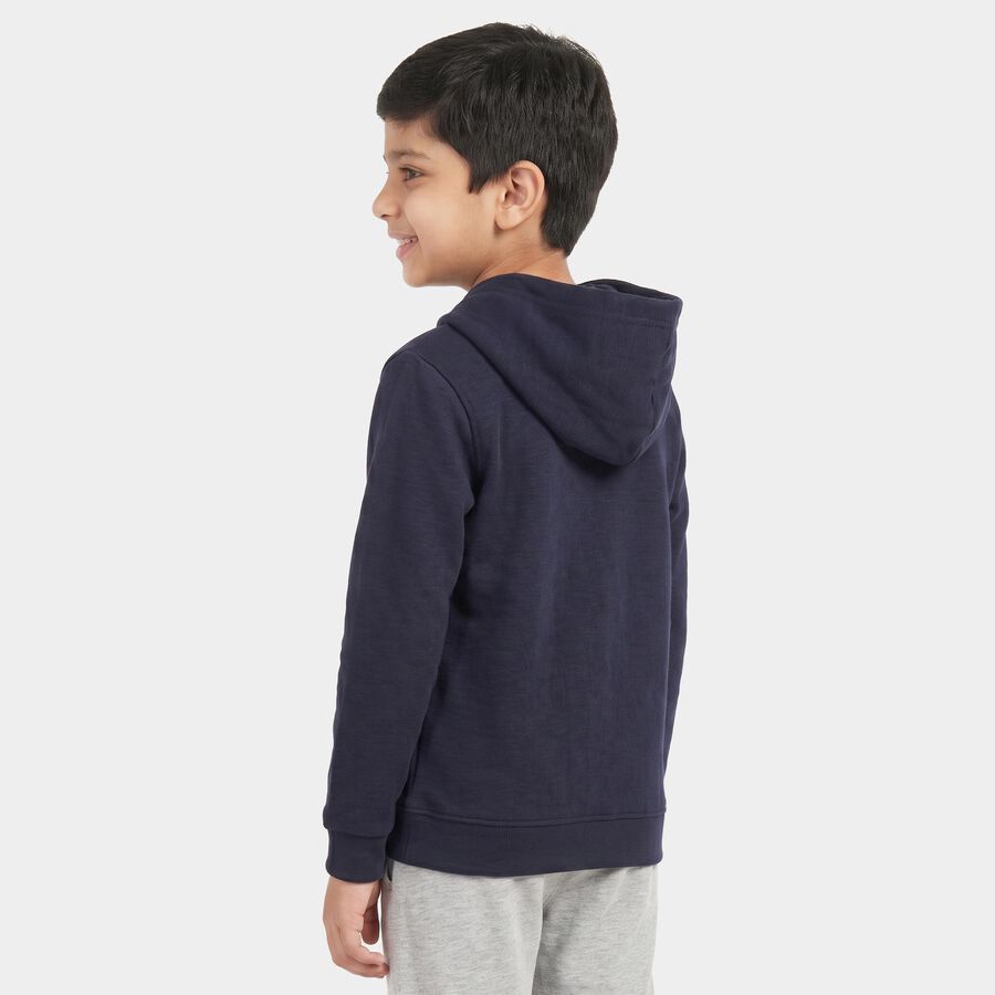 Boys' Navy Blue Hoodie Neck Graphic Sweatshirt, नेवी ब्लू, large