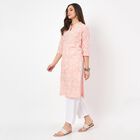 Women's Peach Cotton Round Neck Embroidered Kurta, पीच, small