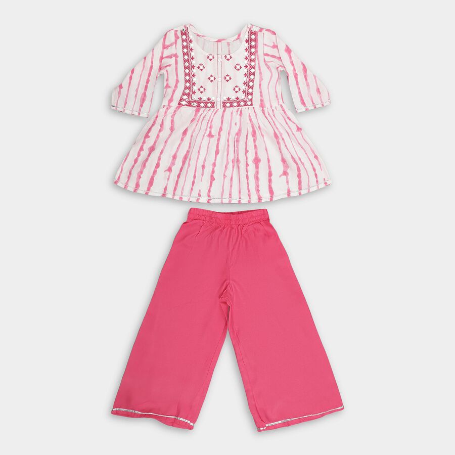 Girls Bright Pink and White Embroidered Tie-Dye Fusion Set, ऑफ व्हाइट, large image number null