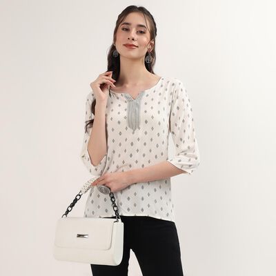 Women's Off-White Notch Neck Floral Printed Kurti