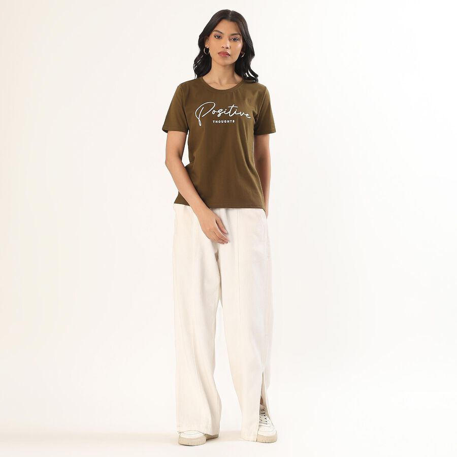 Women's Olive Round Neck Graphic T-Shirt, Olive, large