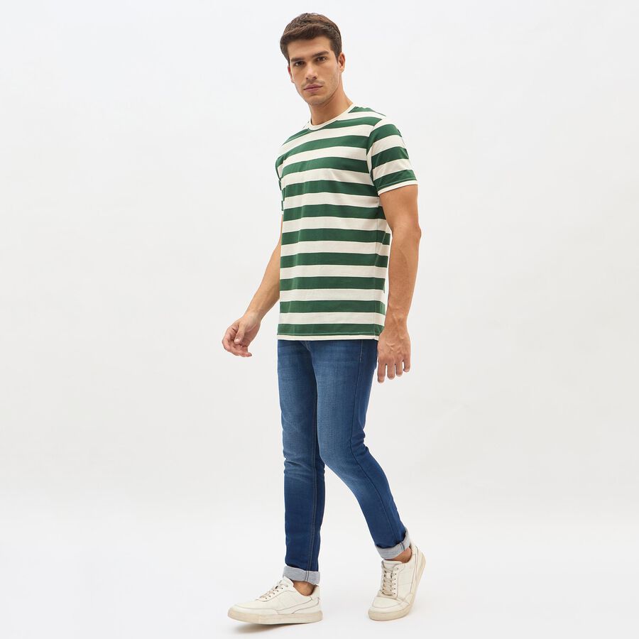 Men's Dark Forest Green Round Neck Striped T-Shirt, Dark Green, large image number null