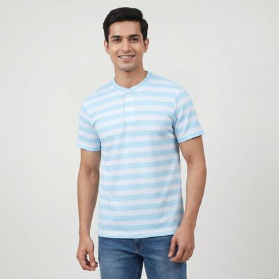 Men's Aqua Henley Neck Casual Half Sleeve T-Shirt