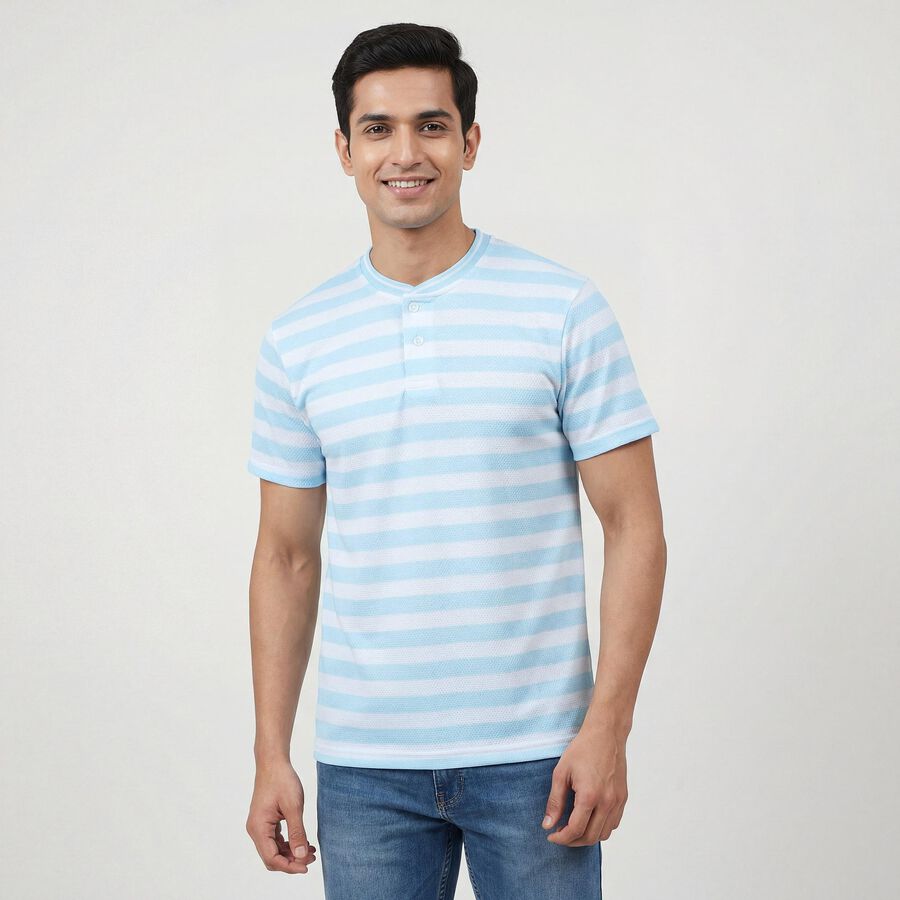 Men's Aqua Henley Neck Casual Half Sleeve T-Shirt, Aqua, large