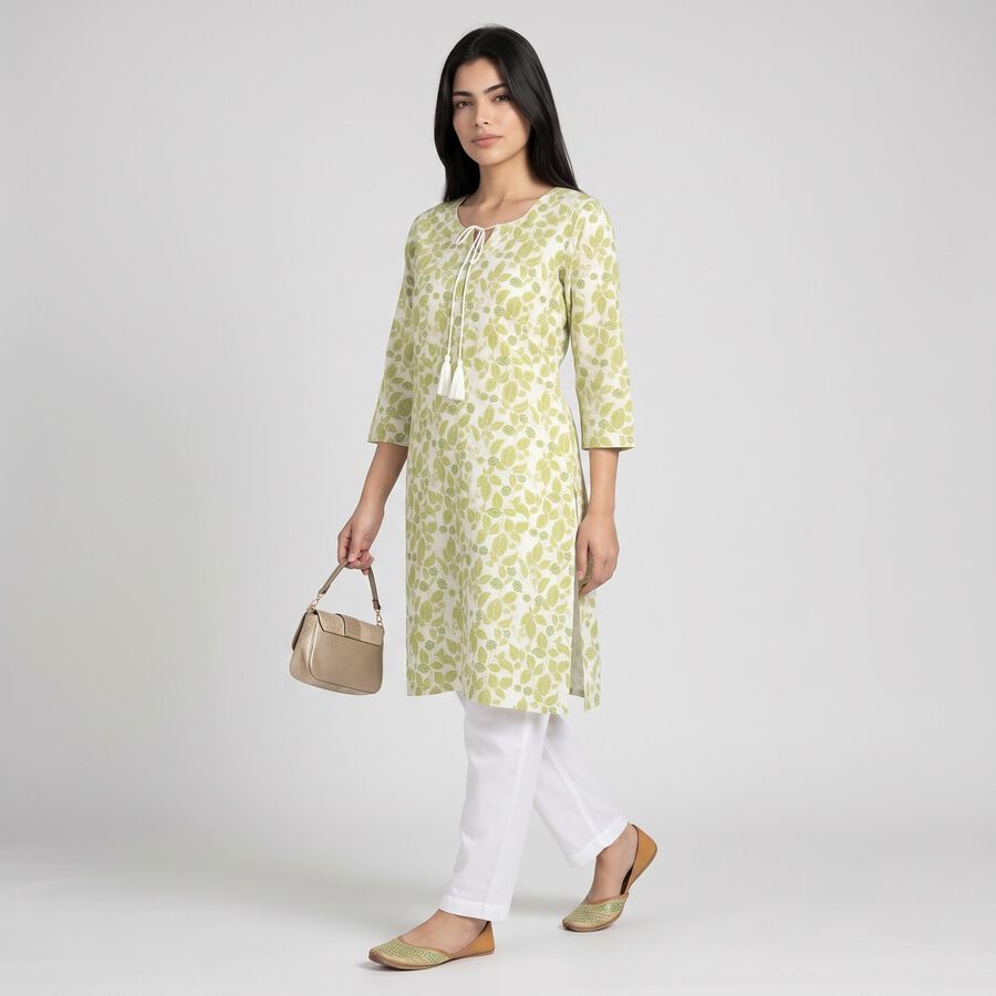 Women's Green Keyhole Neck Printed Straight Kurta, हल्का हरा, large