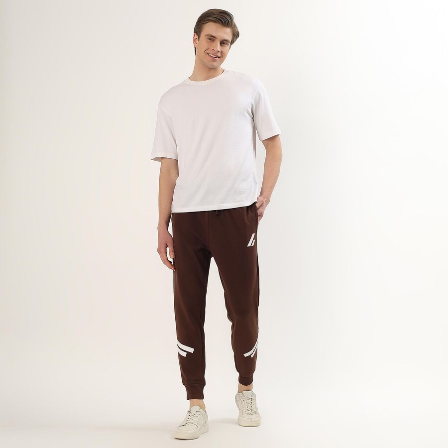Men's Deep Mocha Brown Tapered Fit Printed Track Pants, Brown, large