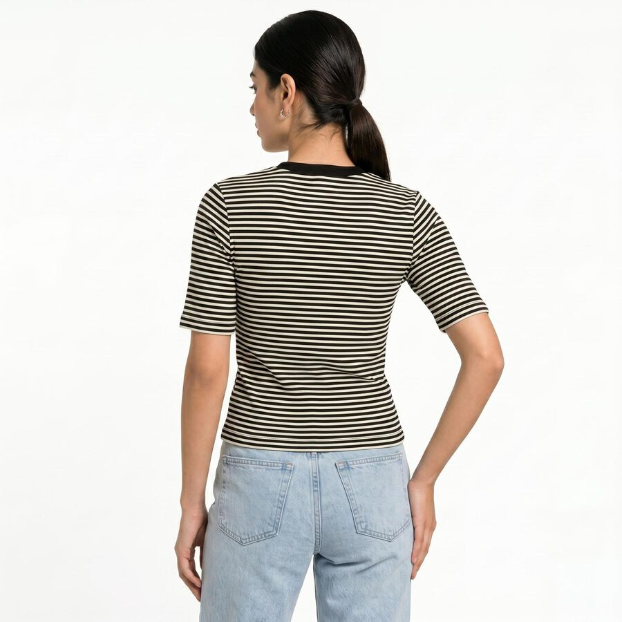 Women's Black Round Neck Striped Regular Top, काला, large