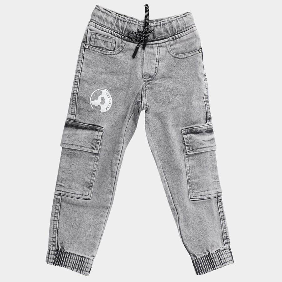 Boys' Washed Grey Cargo Fit Elastic Waist Jeans, Light Grey, large