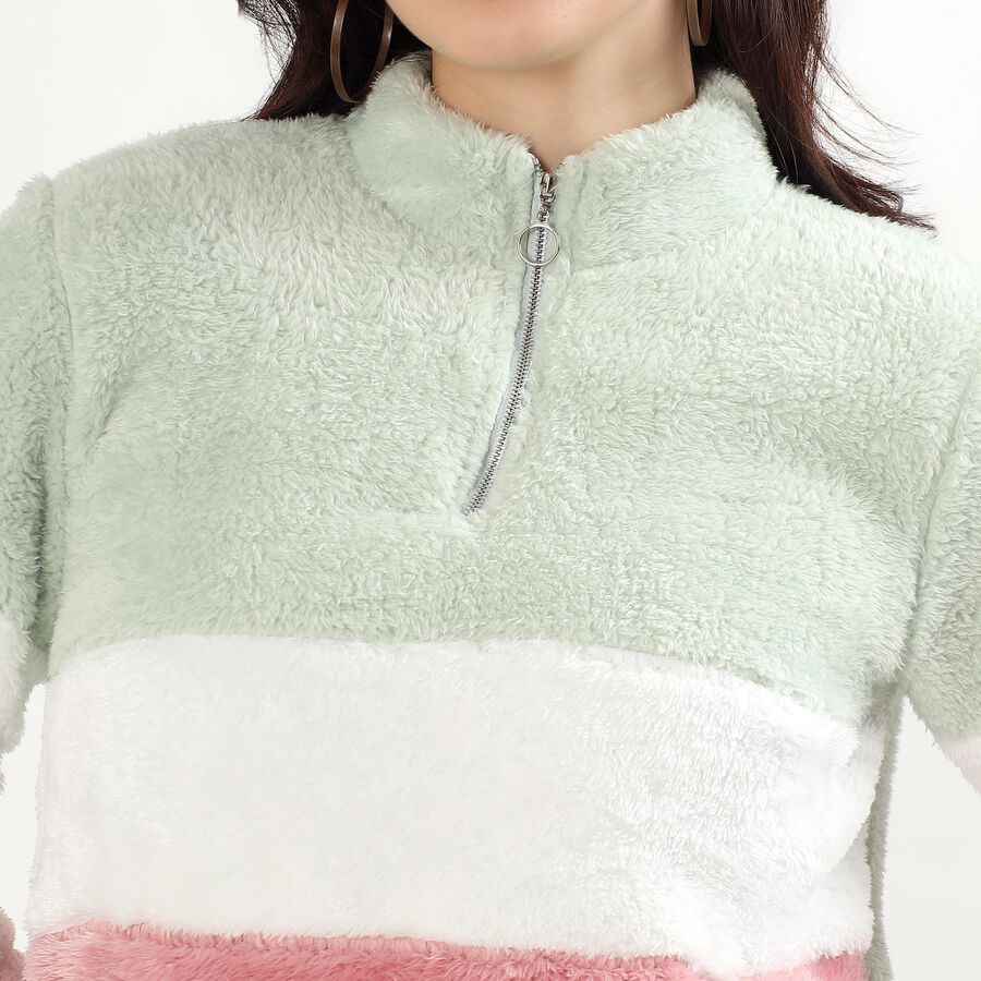 Women's Pastel Pink and Mint Green Zip Neck Casual Sweatshirt, गुलाबी, large image number null