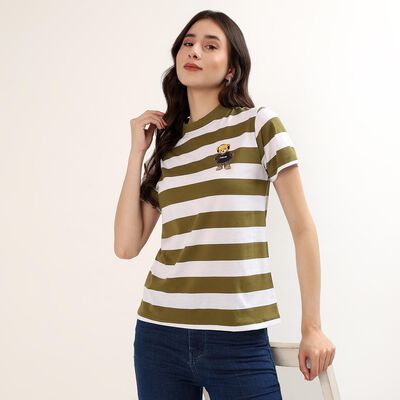 Women's Olive Round Neck Casual T-Shirt