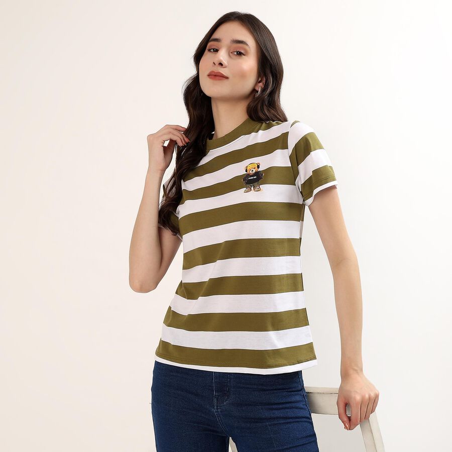 Women's Olive Round Neck Casual T-Shirt, Olive, large