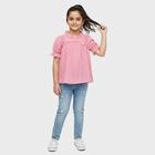 Girls Light Pink Round Neck Casual T-Shirt, हल्का गुलाबी, small