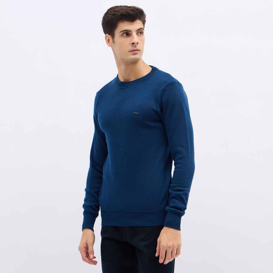 Men's Deep Navy Blue Crew Neck Solid Pullover, Teal Blue, large image number null