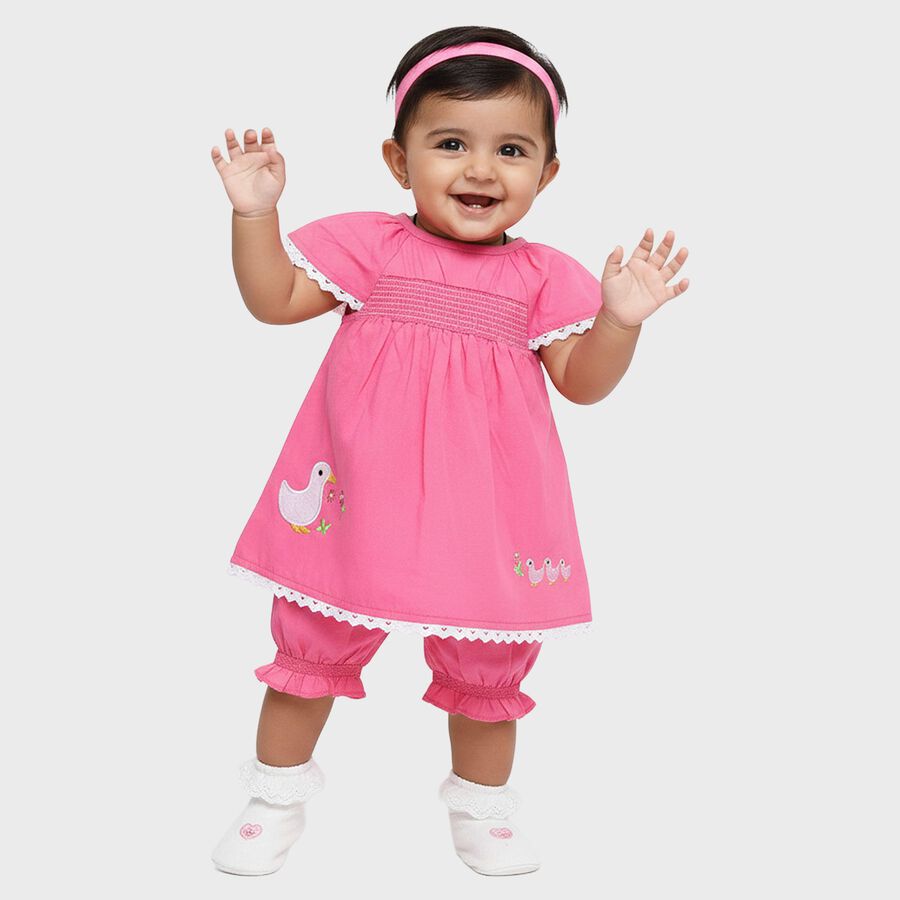 Infants' Bright Pink Cotton Smocked Embroidered Frock with Bloomers, हल्का गुलाबी, large