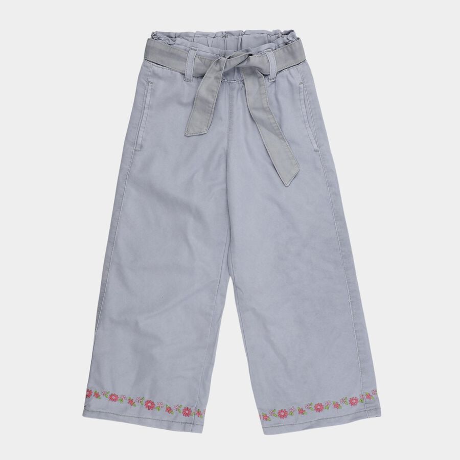 Girls' Light Grey Wide Leg Embroidered Paperbag Waist Jeans, Light Grey, large