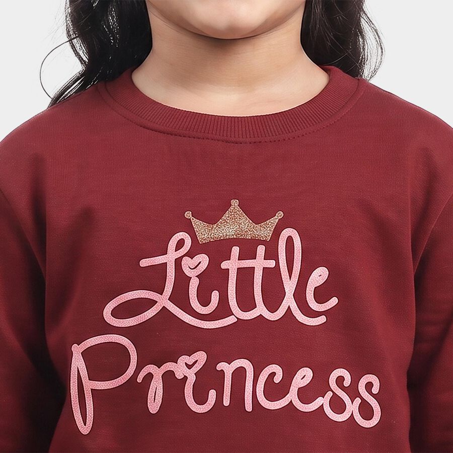 Girls' Maroon Crew Neck Graphic Print Sweatshirt, मरून, large
