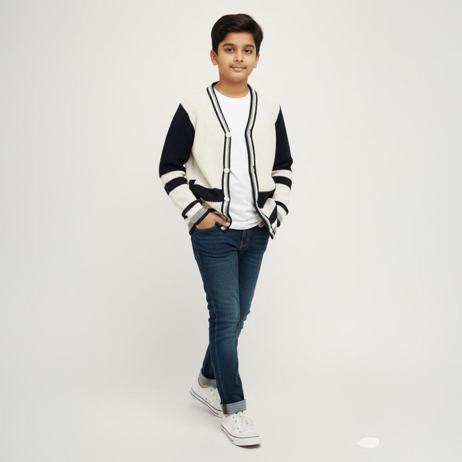 Boys Off White and Navy V-Neck Casual Pullover, ऑफ व्हाइट, large image number null