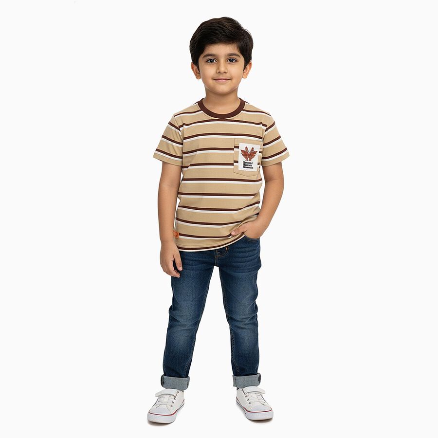 Boys Beige and Brown Crew Neck Casual T-Shirt, गहरा पीला, large