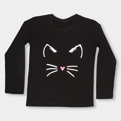 Girls Jet Black Round Neck Casual Full Sleeve Top