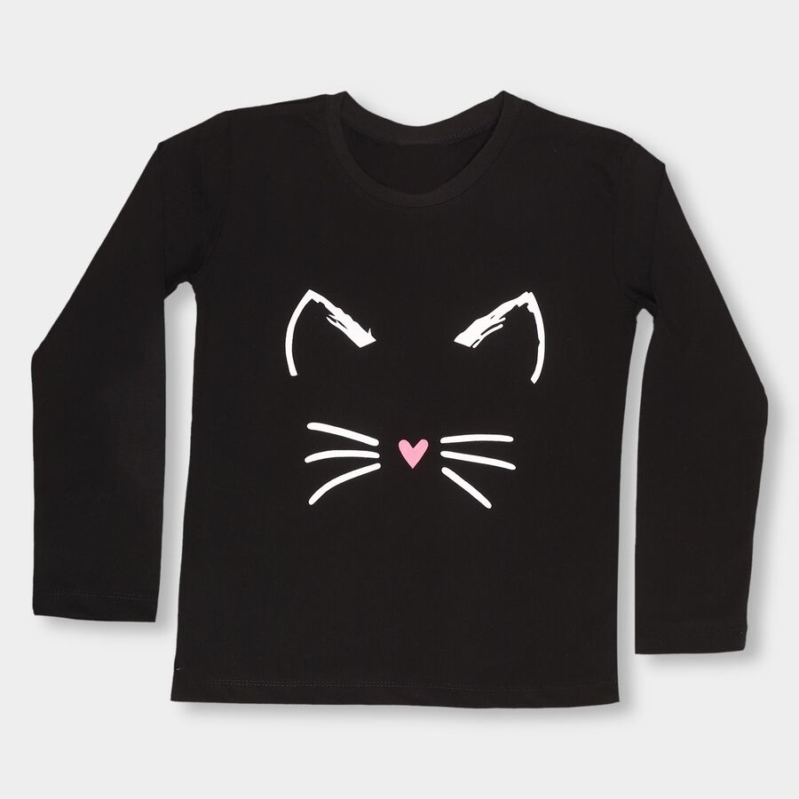 Girls Jet Black Round Neck Casual Full Sleeve Top, Black, large image number null