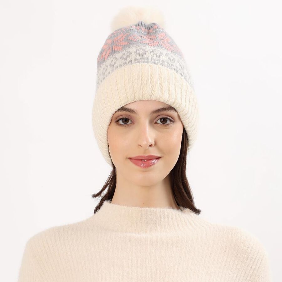 Women's Cream and Grey Snowflake Knitted Beanie Cap, Off White, large image number null