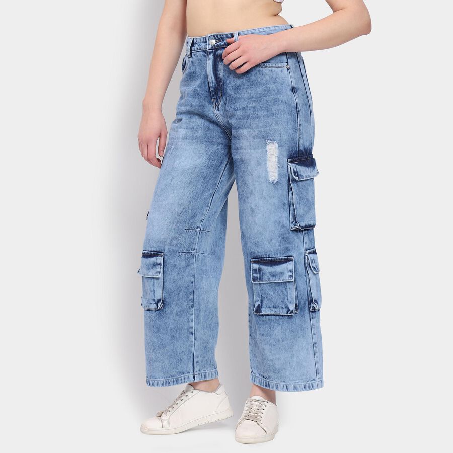 Ladies' 100% Cotton Jeans, मध्यम नीला, large
