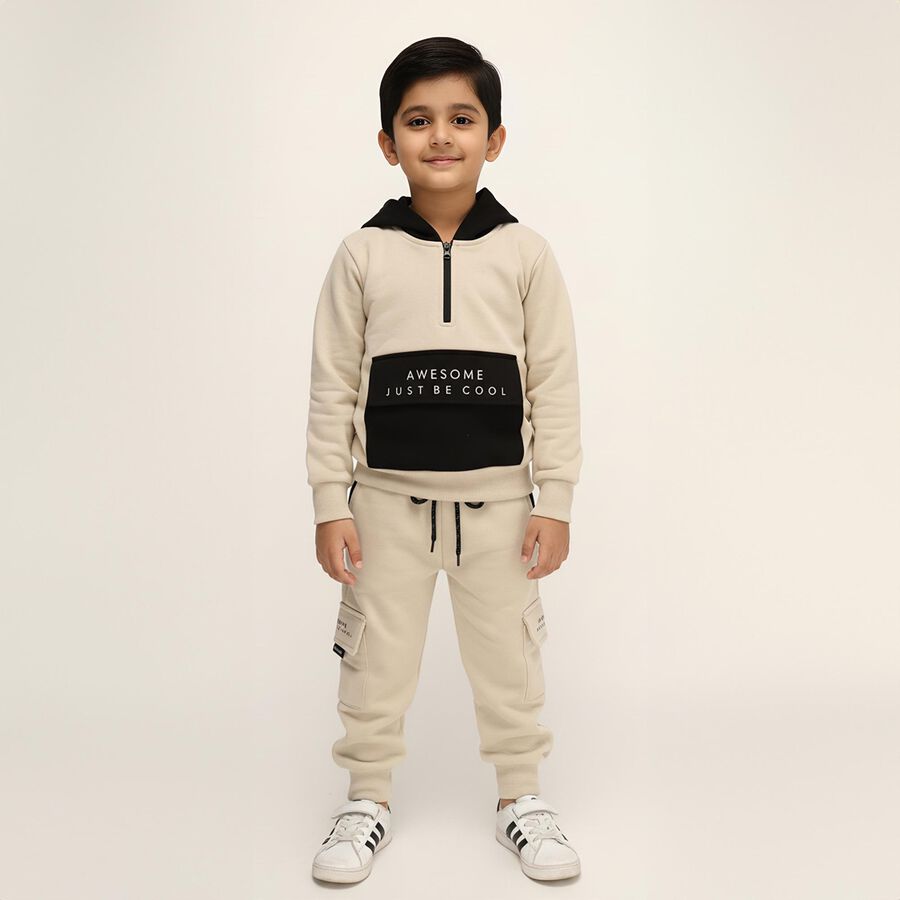 Boys' Beige Hooded Half-Zip Baba Suit, Beige, large image number null