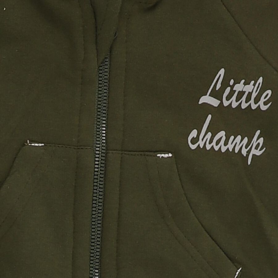 Infants' Olive Hoodie Cuff Sleeve Printed Baba Suit, ओलिव, large image number null