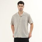 Men's Black and Beige Zigzag Printed Cuban Collar Casual Shirt, Black, small