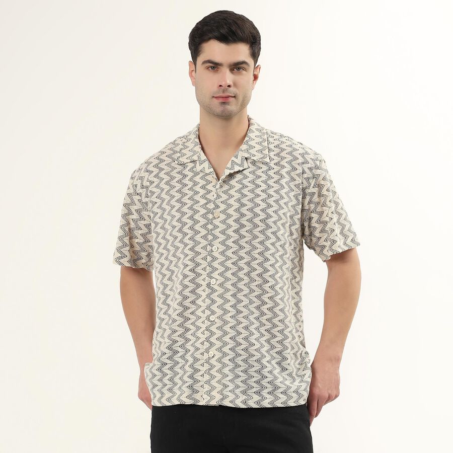 Men's Black and Beige Zigzag Printed Cuban Collar Casual Shirt, Black, large