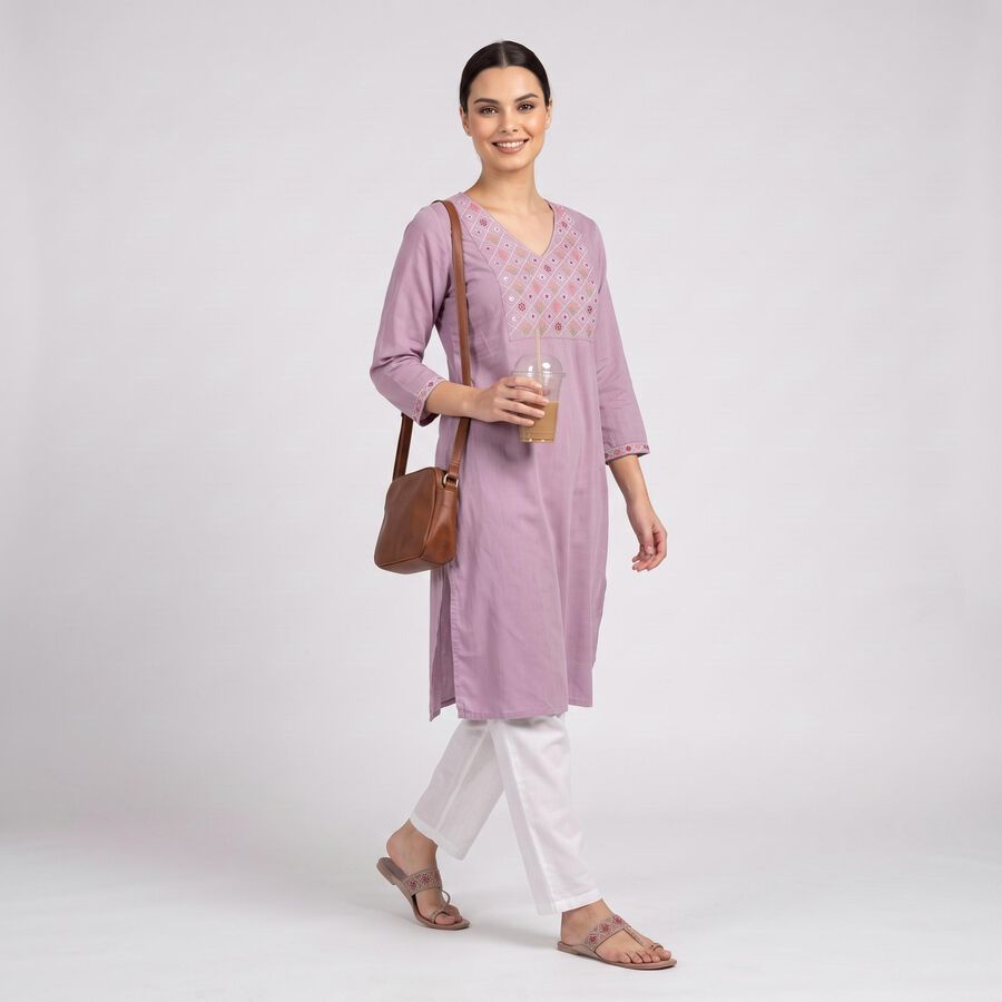 Women's Lilac V-Neck Embroidered Kurta, Lilac, large