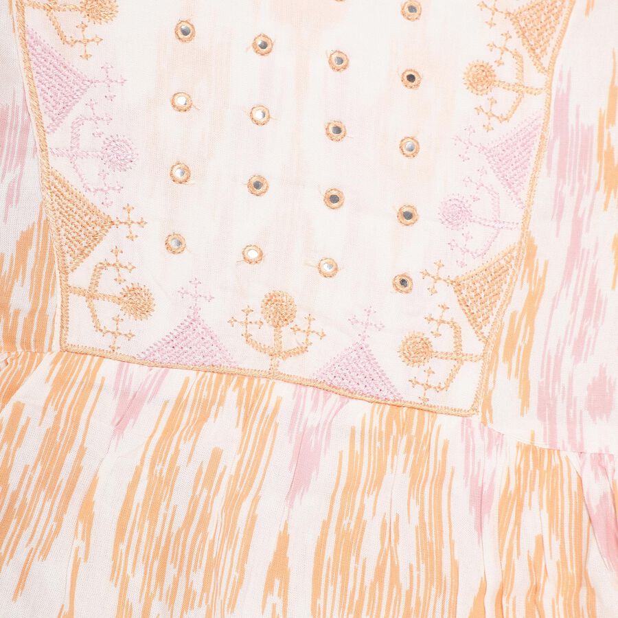 Girls Peach and White Embroidered Ikat Print Kurta and Palazzo Fusion Set, Off White, large image number null
