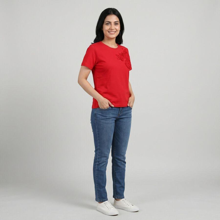 Women Fuchsia Round Neck Casual T-Shirt, Fuchsia, large