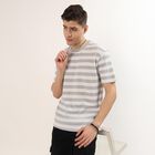 Men's Grey Round Neck Striped Casual T-Shirt, Light Grey, small
