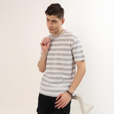 Men's Grey Round Neck Striped Casual T-Shirt