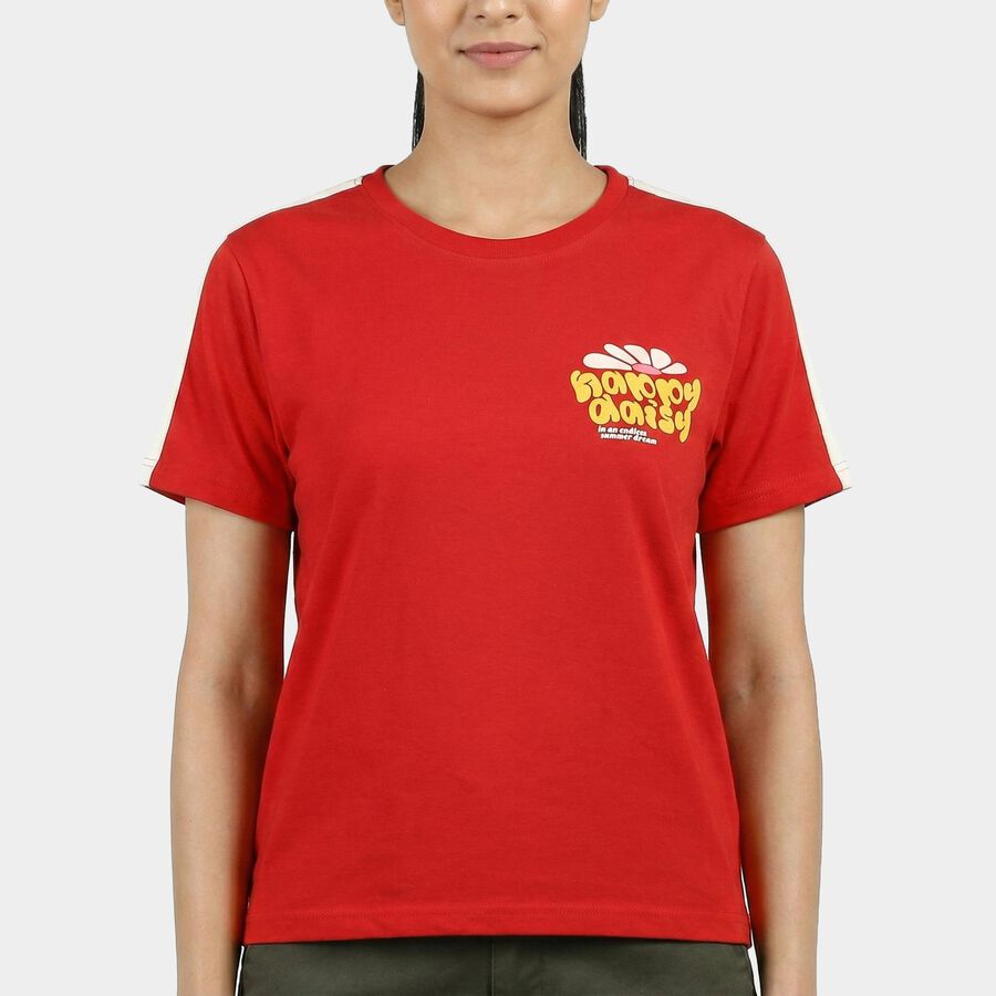 Women Red Round Neck Casual T-Shirt, Red, large