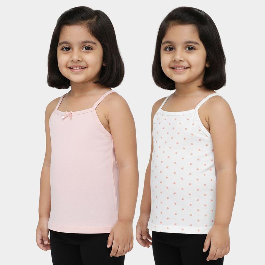 Girls' Pink and White Cotton Square Neck Sleeveless Vest, हल्का गुलाबी, large