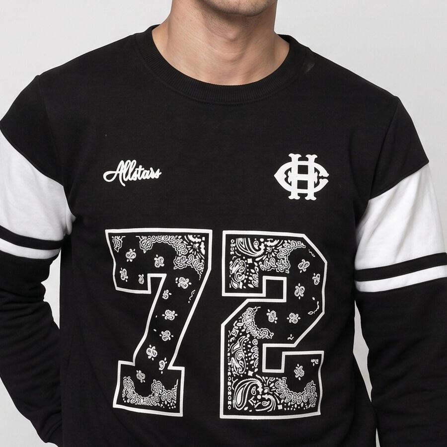 Men's Black Crew Neck Graphic Print Sweatshirt, Black, large
