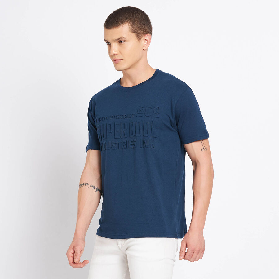 Cotton Solid Round Neck T-Shirt, Dark Blue, large image number null