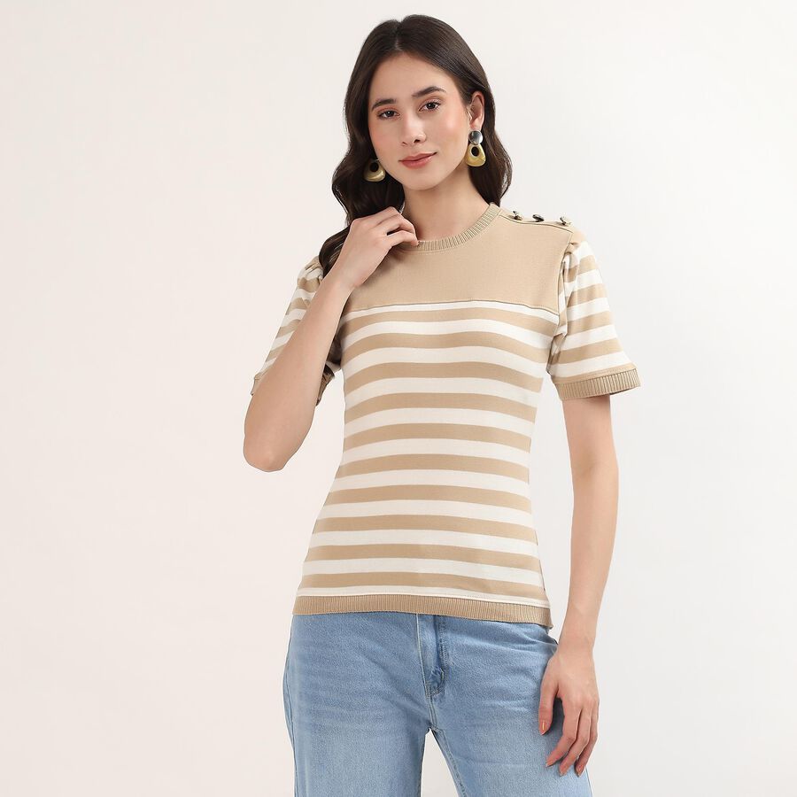 Women's Beige 100% Cotton V-Neck Minimalist Top, Beige, large